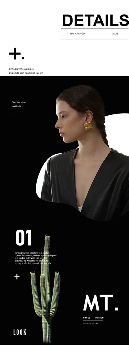 Elysium New Fashion 316L Stainless Steel Square Stud Earrings Charm Metal Texture 18K Gold Plated Waterproof Statement Jewelry