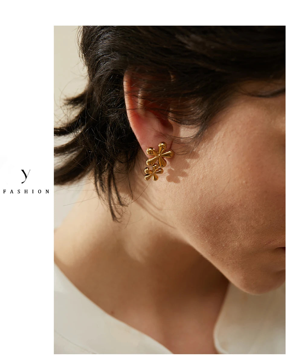 Elysium 316L Stainless Steel Flower Stud Earrings Fashion Metal 18K Gold Color Plated Rust Proof Texture Charm Jewelry for Women