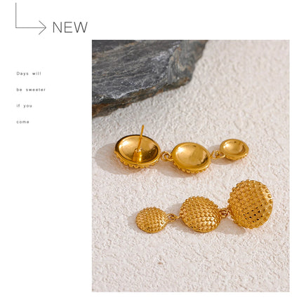 Elysium Distinctive Stainless Steel Round Long Drop Dangle Earrings Water Resistant Metal Gold Color Statement Fashion Jewelry