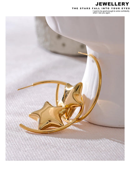 Elysium Trendy Stainless Steel Round Sleek Star Huggie Earrings for Women Prevent Allergy Metal Temperament Fashion Jewelry Gift