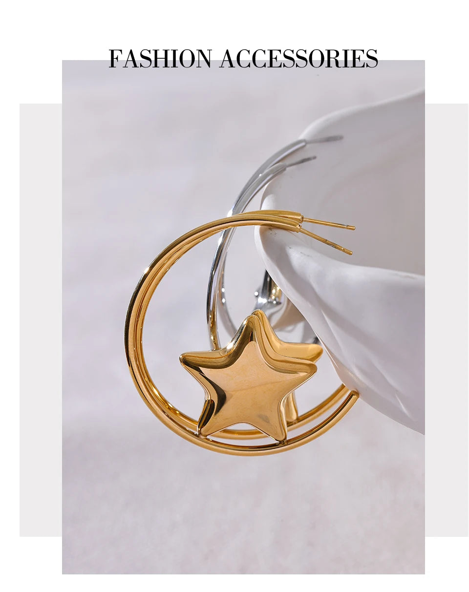 Elysium Trendy Stainless Steel Round Sleek Star Huggie Earrings for Women Prevent Allergy Metal Temperament Fashion Jewelry Gift