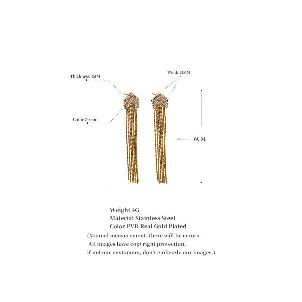 Elysium Fashion Arrow Cubic Zirconia Stainless Steel Long Tassel Drop Dangle Earrings for Women Gold Color Party Trendy Jewelry
