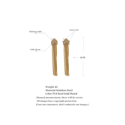 Elysium Fashion Arrow Cubic Zirconia Stainless Steel Long Tassel Drop Dangle Earrings for Women Gold Color Party Trendy Jewelry