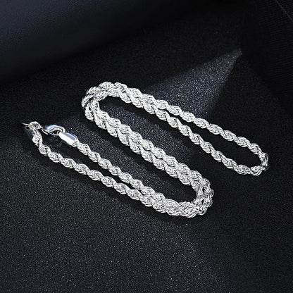 New 925 Sterling Silver 4MM Women Men chain Male Twisted Rope Necklace Fashion Silver Jewelry