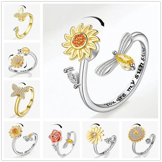 Shining Crystal Sunflower And Bee Fidget Spinner Rings For Women Anti Anxiety Control Anti Stress Rotating Ring Girls Gift
