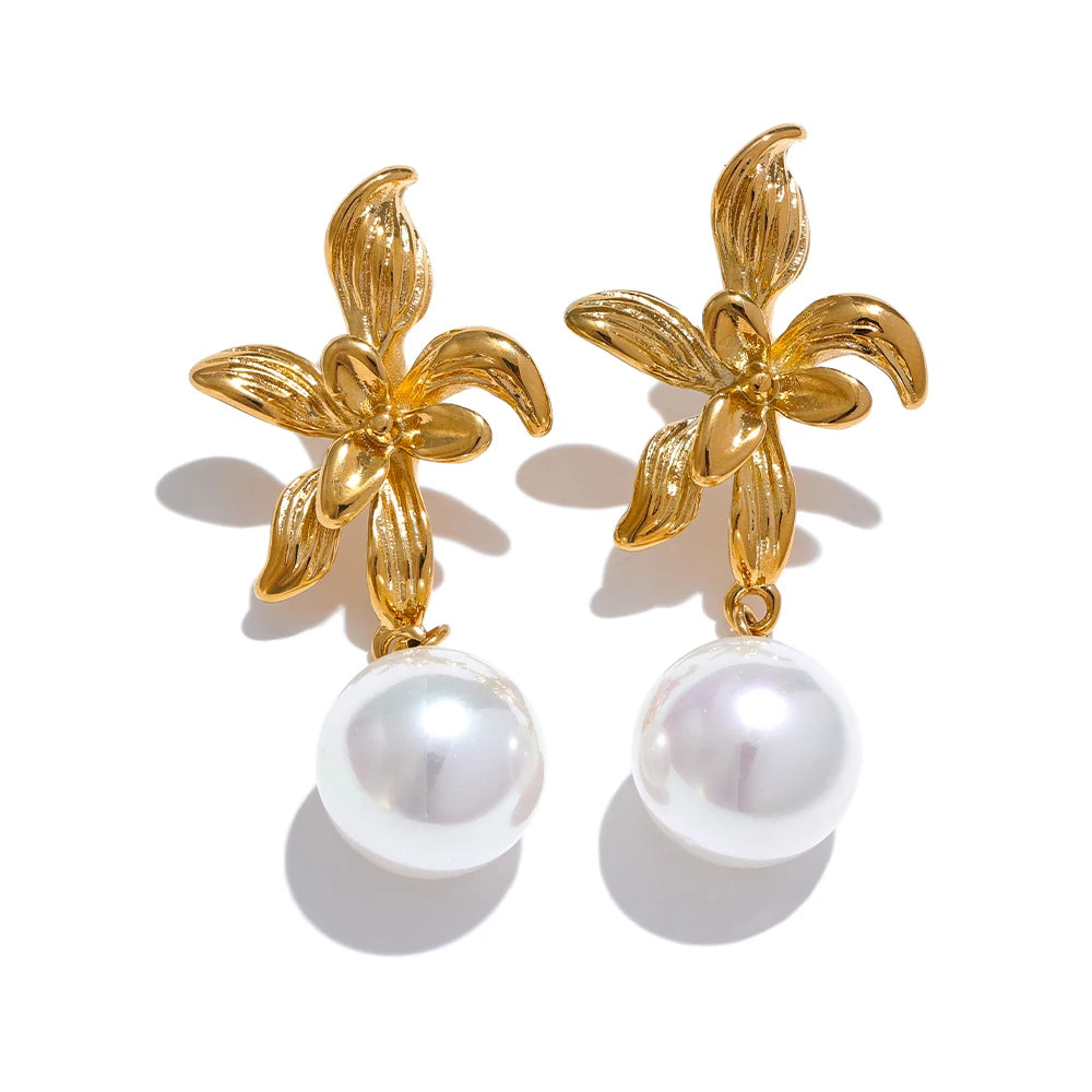 Elysium Waterproof Flower Imitation Pearls Drop Earrings for Women New Stainless Steel Korean Elegant Fashion Jewelry Accessories