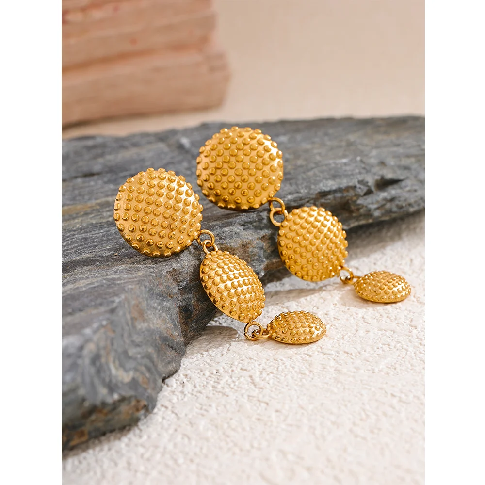 Elysium Distinctive Stainless Steel Round Long Drop Dangle Earrings Water Resistant Metal Gold Color Statement Fashion Jewelry