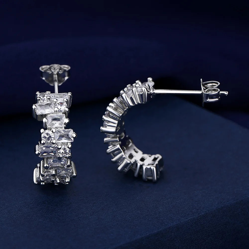 New 925 Silver Women Hoop Earrings Fashion Pendientes Gift For Female Girl Sparkling Pave CZ U Heart Shape Star Moon Earring