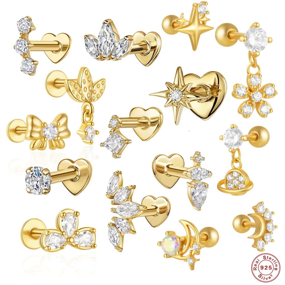 Heart Round Ball Flat Helix Piercing Earring 925 Sterling Silver Ear Studs Geometric Zircon Exquisite Trinket Studs Aretes