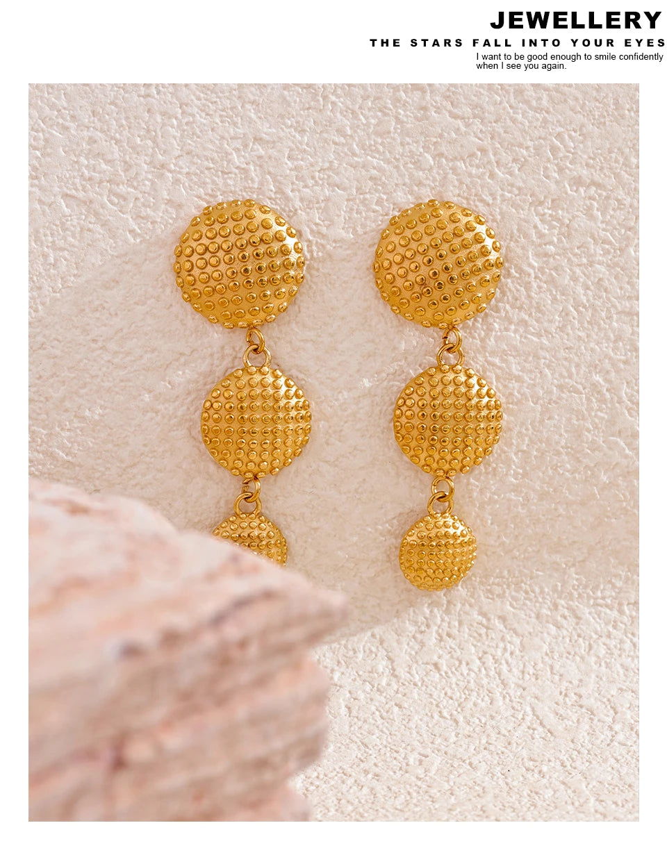 Elysium Distinctive Stainless Steel Round Long Drop Dangle Earrings Water Resistant Metal Gold Color Statement Fashion Jewelry