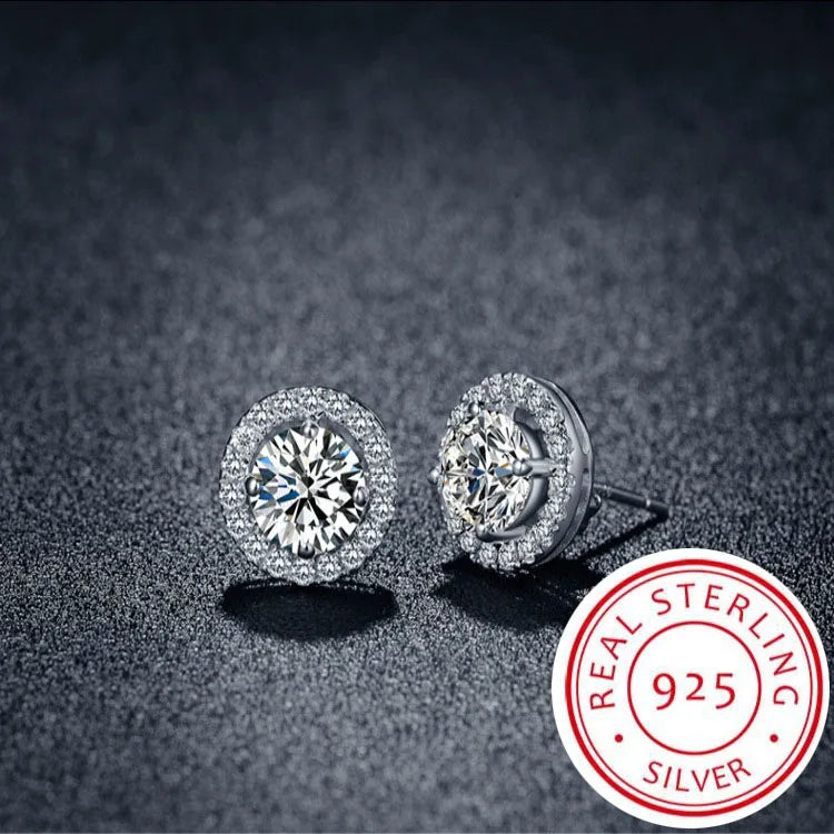 925 Sterling Silver Female Luxury Crystal Round Stud Earrings Vintage Wedding Jewelry White Zircon Stone Earrings For Women