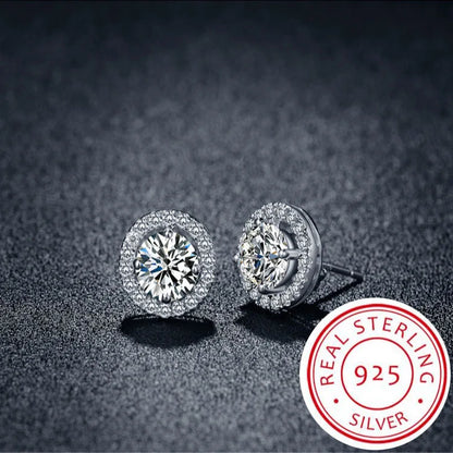 925 Sterling Silver Female Luxury Crystal Round Stud Earrings Vintage Wedding Jewelry White Zircon Stone Earrings For Women