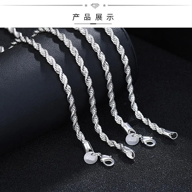 New 925 Sterling Silver 4MM Women Men chain Male Twisted Rope Necklace Fashion Silver Jewelry