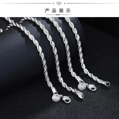 New 925 Sterling Silver 4MM Women Men chain Male Twisted Rope Necklace Fashion Silver Jewelry