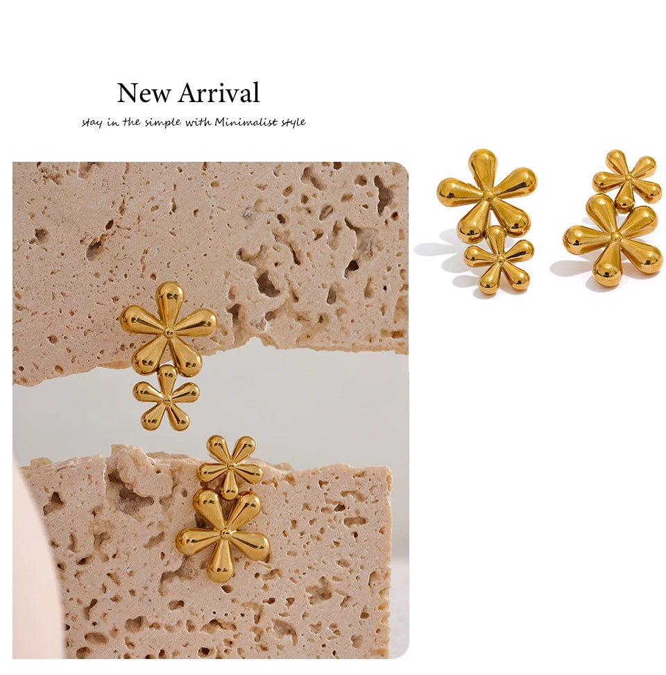 Elysium 316L Stainless Steel Flower Stud Earrings Fashion Metal 18K Gold Color Plated Rust Proof Texture Charm Jewelry for Women
