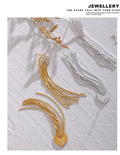 Elysium Fashion Arrow Cubic Zirconia Stainless Steel Long Tassel Drop Dangle Earrings for Women Gold Color Party Trendy Jewelry