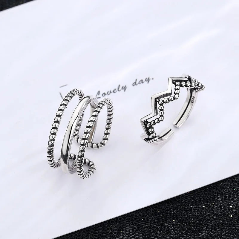 925 Sterling Silver Geometric Multilayer Round Bead Ring Female Fashion Punk Temperament Prevent Allergy Charm Jewelry