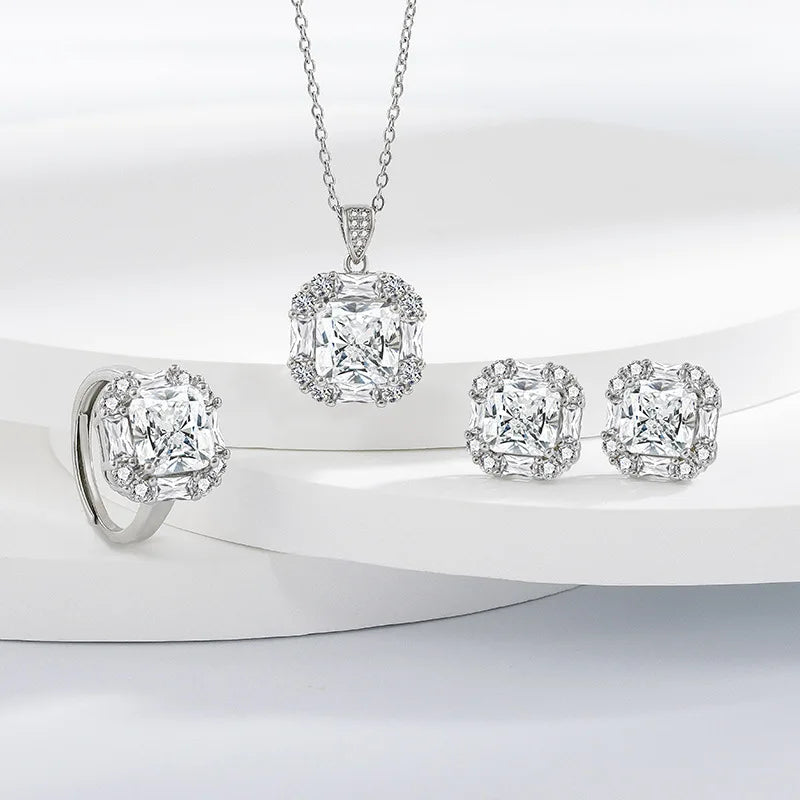 925 Sterling Silver Elegant Jewelry Sets Ring Earrings Necklace For Women Rectangle Geometry Zircon Wedding Accessories