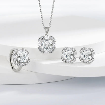 925 Sterling Silver Elegant Jewelry Sets Ring Earrings Necklace For Women Rectangle Geometry Zircon Wedding Accessories